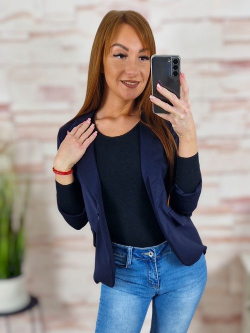 Karcsúsított, álzsebes, összegombolható, sötétkék blézer S-XL-ig