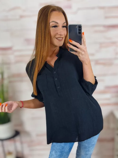Hátul hosszított, roll-up ujjú, len anyagú felső M-L-XL