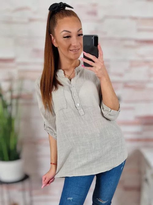 Hátul hosszított, roll-up ujjú, len anyagú felső M-L-XL