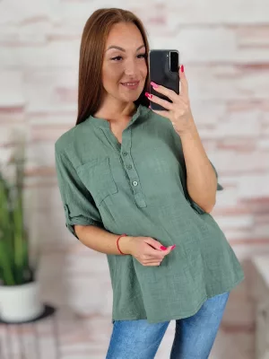 Hátul hosszított, roll-up ujjú, len anyagú felső M-L-XL