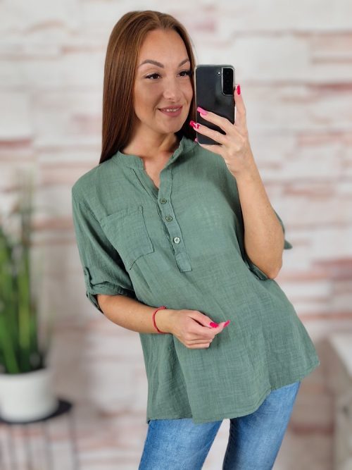 Hátul hosszított, roll-up ujjú, len anyagú felső M-L-XL