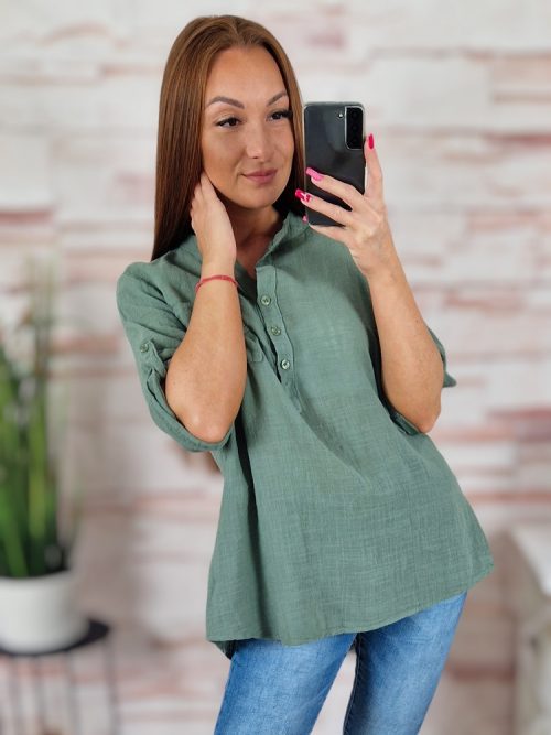 Hátul hosszított, roll-up ujjú, len anyagú felső M-L-XL