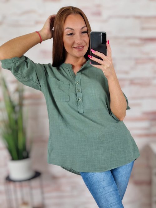 Hátul hosszított, roll-up ujjú, len anyagú felső M-L-XL