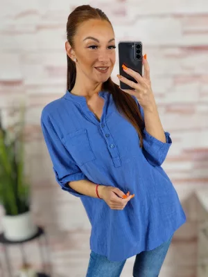 Hátul hosszított, roll-up ujjú, len anyagú felső M-L-XL