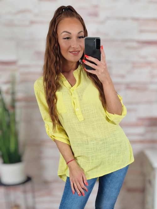 Hátul hosszított, roll-up ujjú, len anyagú felső M-L-XL