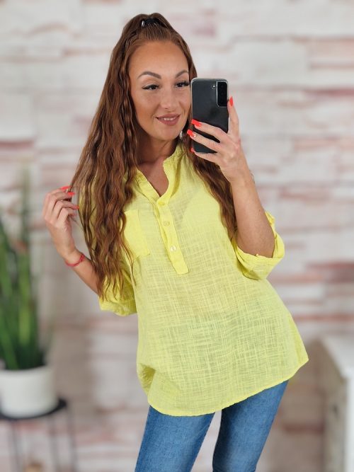 Hátul hosszított, roll-up ujjú, len anyagú felső M-L-XL