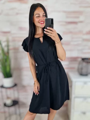   Pillangó ujjú, mellnél kivágott, megkötős, fekete ruha M-L