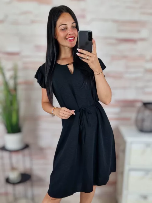 Pillangó ujjú, mellnél kivágott, megkötős, fekete ruha M-L