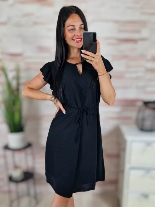 Pillangó ujjú, mellnél kivágott, megkötős, fekete ruha M-L