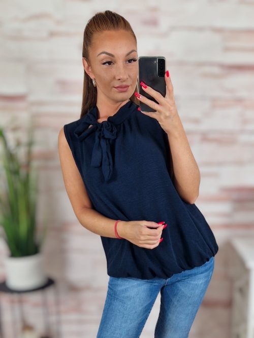 Gumis aljú, nyaknál megkötős, ujjatlan sötétkék felső M-L
