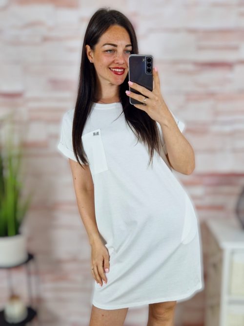 Mellnél és csípőnél zsebes, rövid ujjú ruha S-M