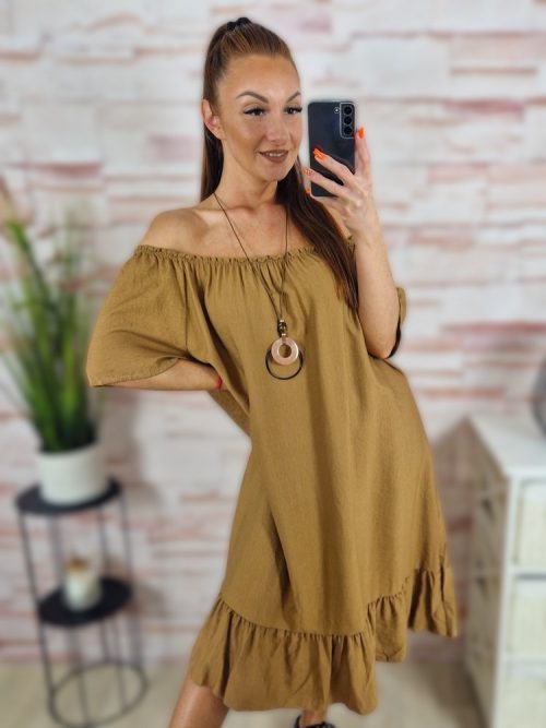 Gumis vállú, fodros aljú, nyakláncos ruha L-XL