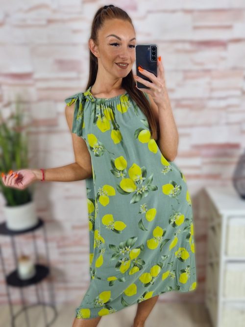 Citrom mintás, nyaknál gumis, viszkóz anyagú ruha L-XL