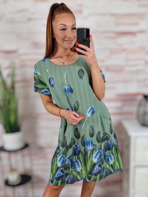 Tulipán mintás, zsebes, len anyagú ruha M-L