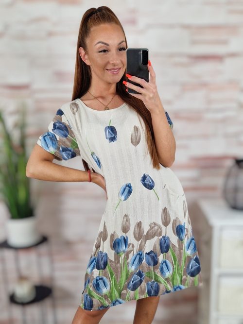 Tulipán mintás, zsebes, len anyagú ruha M-L