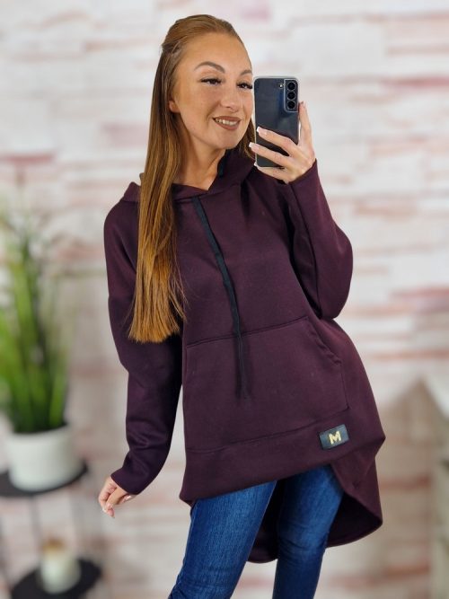 Kapucnis, hátul hosszított, kenguru zsebes pulóver M-L-XL