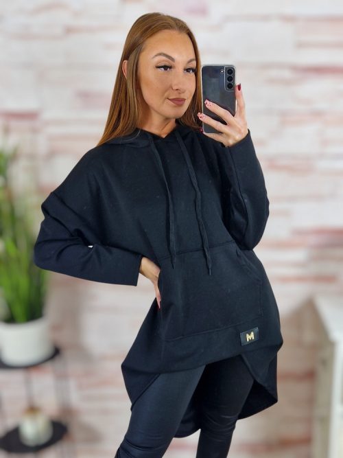 Kapucnis, hátul hosszított, kenguru zsebes pulóver M-L-XL