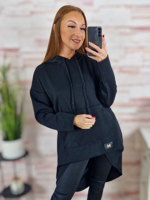 Kapucnis, hátul hosszított, kenguru zsebes pulóver M-L-XL