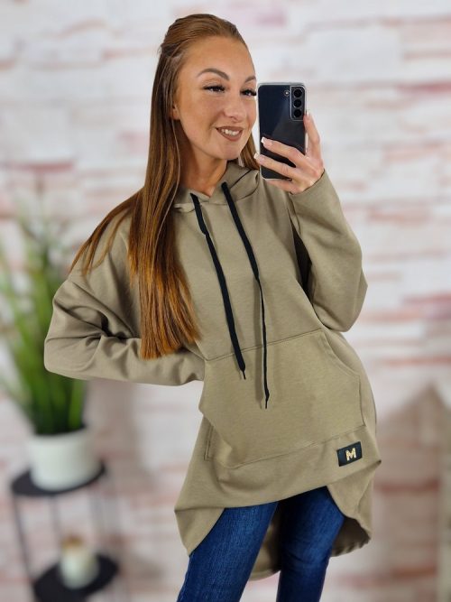 Kapucnis, hátul hosszított, kenguru zsebes pulóver M-L-XL