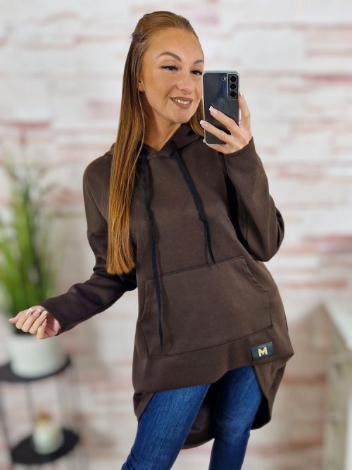 Kapucnis, hátul hosszított, kenguru zsebes pulóver M-L-XL