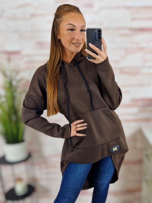 Kapucnis, hátul hosszított, kenguru zsebes pulóver M-L-XL