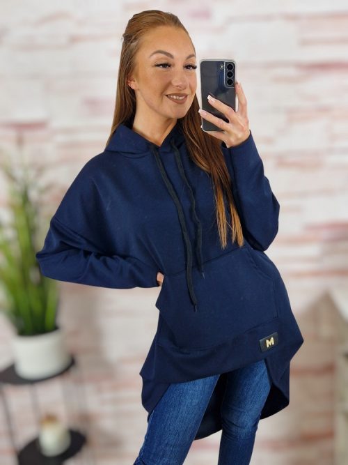 Kapucnis, hátul hosszított, kenguru zsebes pulóver M-L-XL