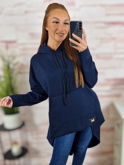 Kapucnis, hátul hosszított, kenguru zsebes pulóver M-L-XL