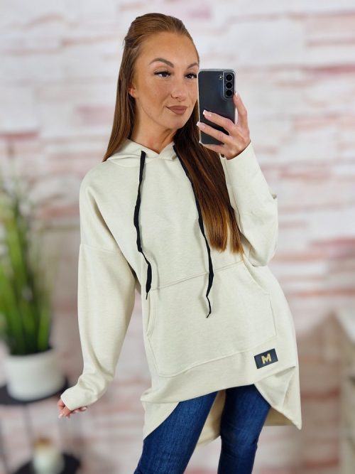 Kapucnis, hátul hosszított, kenguru zsebes pulóver M-L-XL