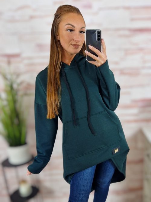 Kapucnis, hátul hosszított, kenguru zsebes pulóver M-L-XL