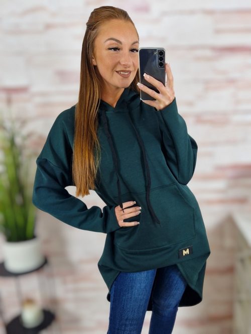 Kapucnis, hátul hosszított, kenguru zsebes pulóver M-L-XL