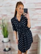 Pöttyös, deréknál összehúzható, roll-up ujjú, fekete ingruha M-L