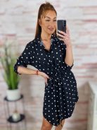 Pöttyös, deréknál összehúzható, roll-up ujjú, fekete ingruha M-L