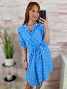 Pöttyös, deréknál összehúzható, roll-up ujjú ingruha M-L