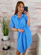 Pöttyös, deréknál összehúzható, roll-up ujjú ingruha M-L