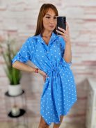 Pöttyös, deréknál összehúzható, roll-up ujjú ingruha M-L