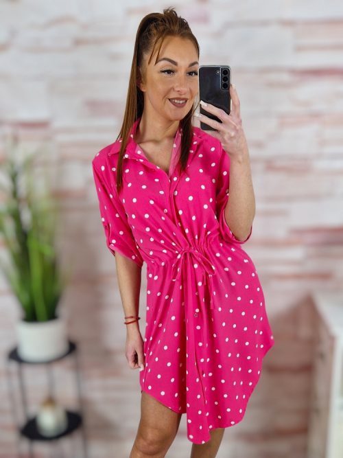 Pöttyös, deréknál összehúzható, roll-up ujjú ingruha M-L