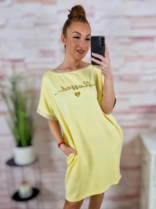 Zsebes, rövid ujjú, feliratos ruha L-XL