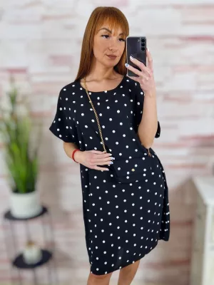 Pöttyös, rövid ujjú, ruha kis táskával L-XL