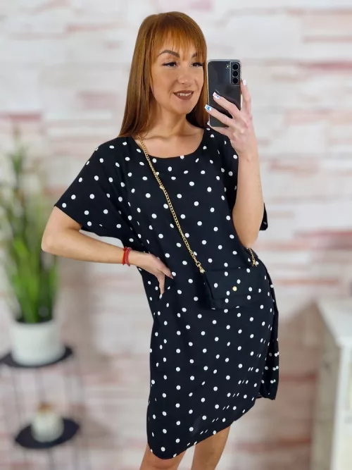 Pöttyös, rövid ujjú, ruha kis táskával L-XL