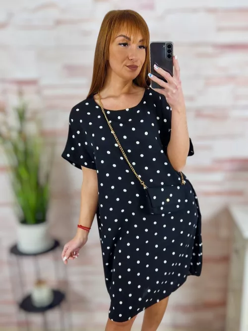 Pöttyös, rövid ujjú, ruha kis táskával L-XL