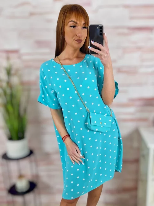 Pöttyös, rövid ujjú, ruha kis táskával L-XL