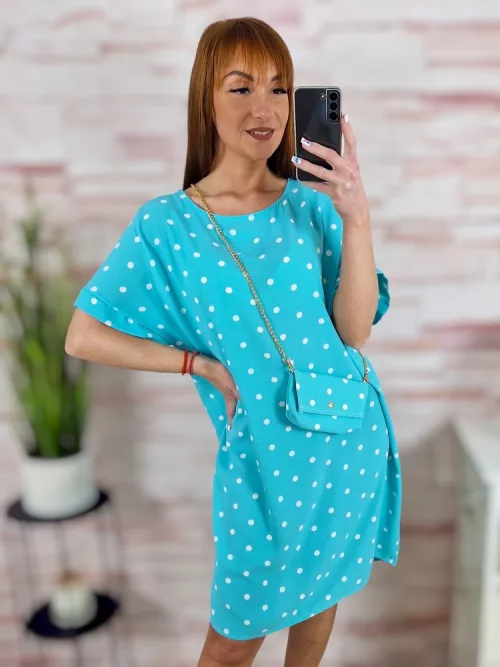 Pöttyös, rövid ujjú, ruha kis táskával L-XL