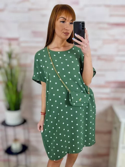 Pöttyös, rövid ujjú, ruha kis táskával L-XL