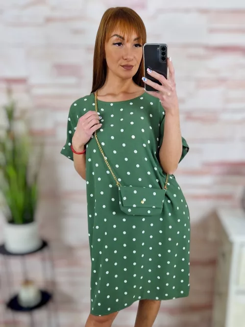 Pöttyös, rövid ujjú, ruha kis táskával L-XL