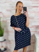 Pöttyös, rövid ujjú, sötétkék ruha kis táskával L-XL