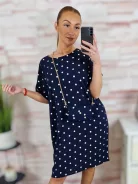 Pöttyös, rövid ujjú, sötétkék ruha kis táskával L-XL