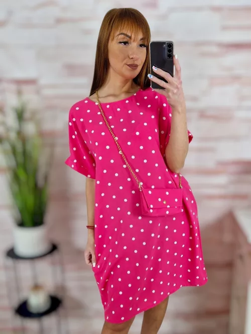 Pöttyös, rövid ujjú, ruha kis táskával L-XL