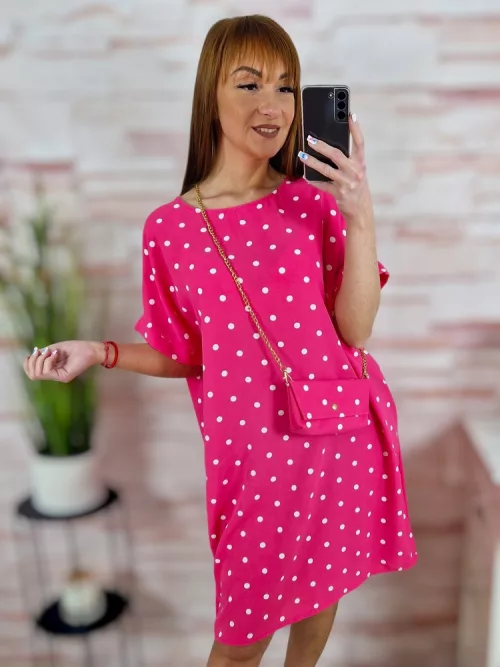 Pöttyös, rövid ujjú, ruha kis táskával L-XL