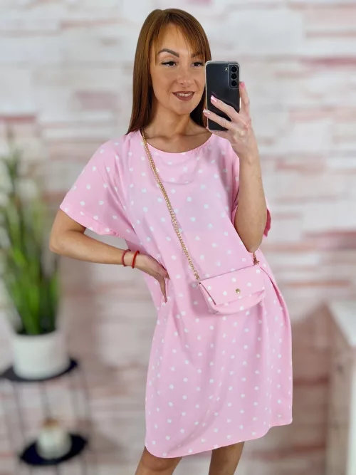 Pöttyös, rövid ujjú, ruha kis táskával L-XL