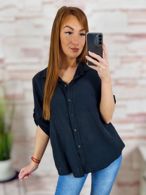 Végig gombos, roll-up ujjú, len anyagú felső M-L-XL